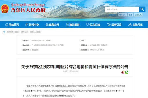 2021年山南乃東區征收農用地區片綜合地價和青苗補償費標準